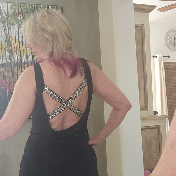 Betsy and Adam dress black sequin strappy formal cut out draping back - Picture 11 of 11